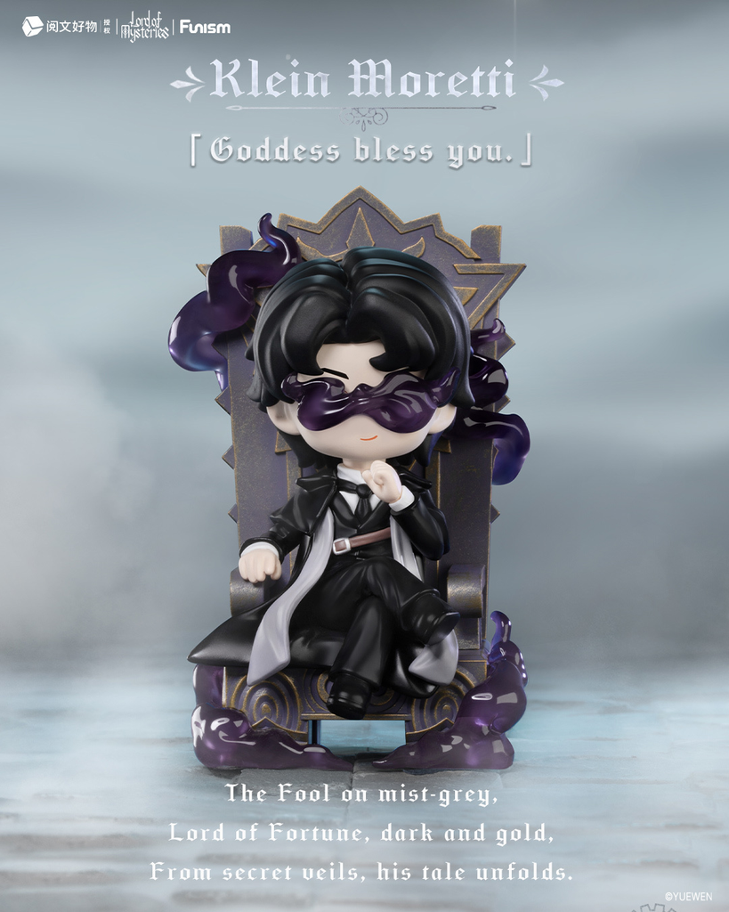 Klein Moretti, dressed in a dark trench coat with white inner shirt and black pants, sits cross-legged on a gray throne. Purple mist wraps around his blindfolded face, and his expression is calm and mysterious. The stone floor and foggy backdrop evoke an arcane aura.
