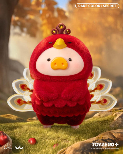 Rare LuLu the Piggy peacock variant in a red costume with golden eyespot tail feathers and a crown detail, standing proudly in an autumn forest.