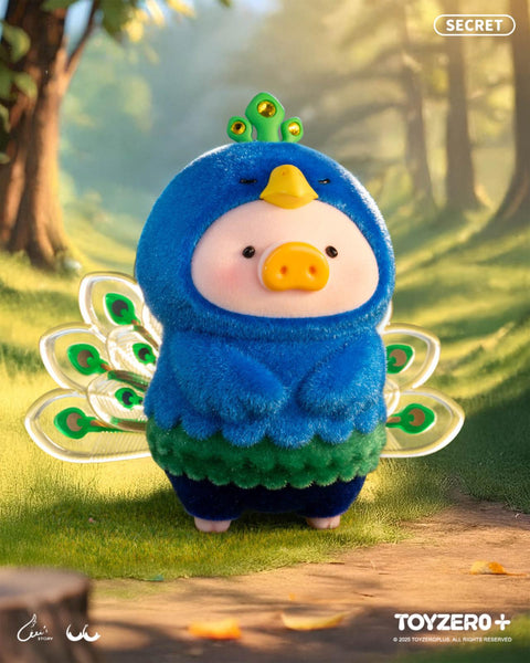 LuLu the Piggy in a vibrant blue peacock costume with layered feathers in blue and green, detailed tail feathers with green eyespots, standing in sunlight.