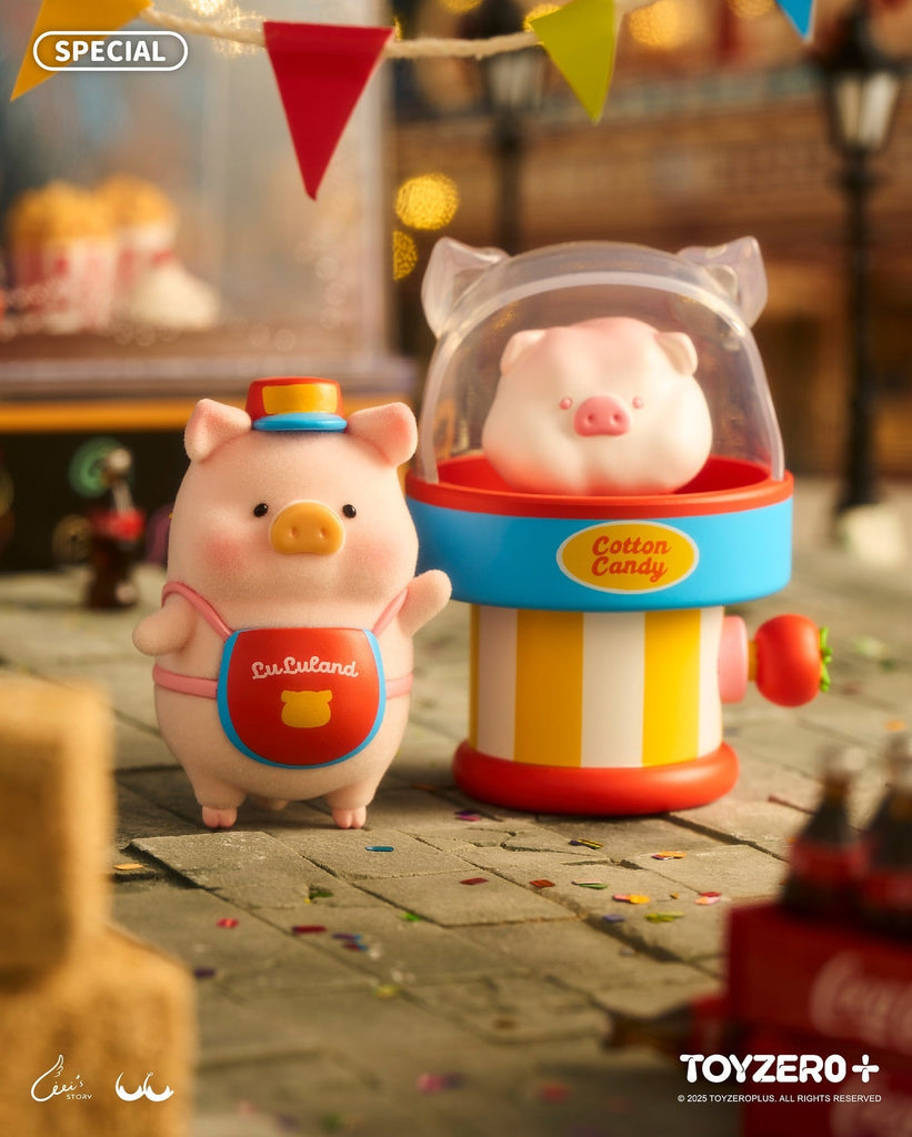 A pig figurine in a red-and-blue hat stands beside a cotton candy machine with a pig-shaped dome cover. Bunting, warm carnival lights, and scattered confetti create a festive evening amusement park setting.