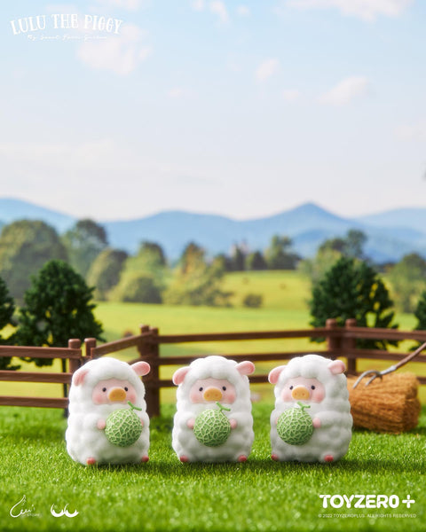 Three LuLu piggies wearing fluffy white sheep costumes, each holding a large green netted melon in a meadow.