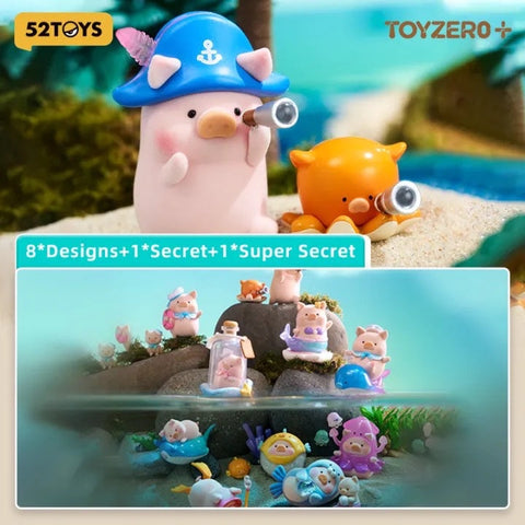 Promotional image for the LuLu The Piggy Ocean Series blind box collection by 52TOYS and ToyZero+. The top features a LuLu pig figure wearing a blue sailor hat, holding a spyglass with a cute orange octopus beside it. Below, a full display shows 8 unique ocean-themed designs plus 1 secret and 1 super secret edition. Figures are depicted on rocky islands and under the sea with sea creatures, bubbles, and coral, evoking an imaginative underwater adventure.
