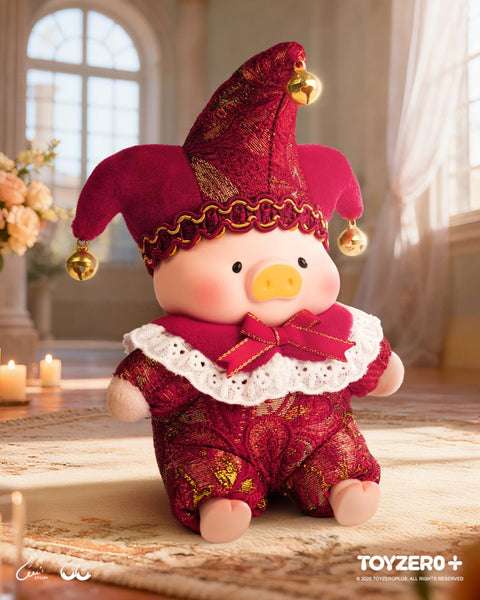 The "Love U" edition plush featuring LuLu in a deep red and gold brocade jester outfit, sitting in a warm, candlelit room.