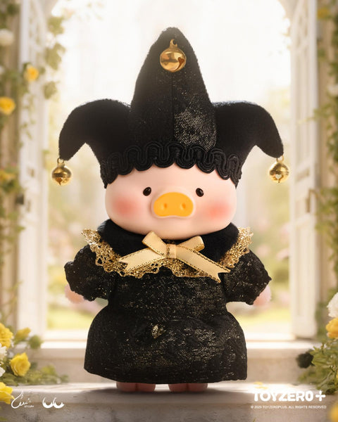 The ultra-rare "Obsessed With U" hidden chaser plush, featuring an elite black-and-gold brocade jester suit and matching bells.