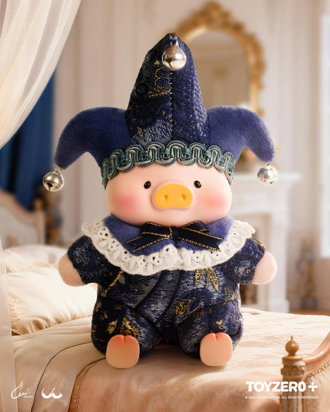 LuLu in the "Stand By U" blue jester attire, detailed with silver bells and celestial-patterned fabric, posed on a bedroom set.
