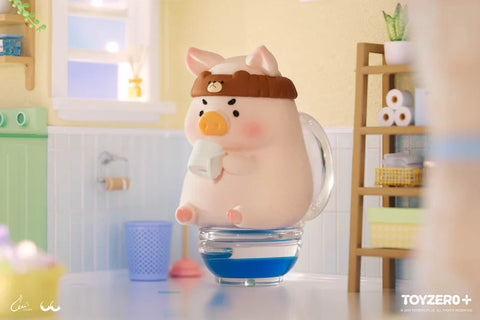 In this playful bathroom scene from the “Lulu the Piggy: Stay With You” blind box series, a blushing piggy figure sits adorably on a clear blue-tinted toilet, holding a roll of toilet paper. The pig wears a brown headband with a small bear emblem, adding extra charm. The background features tidy shelves with rolled paper, potted plants, and a cozy window view, capturing a lighthearted and humorous take on everyday routines in soft pastel tones.