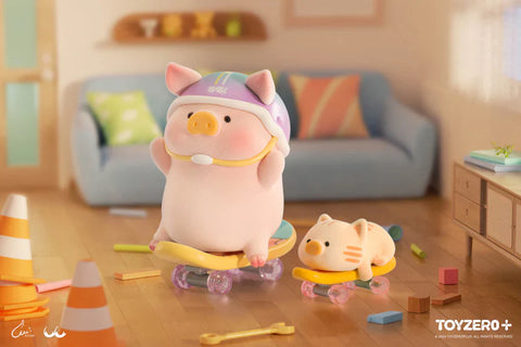 In this playful indoor scene from the “Lulu the Piggy: Stay With You” blind box series, a piggy figurine confidently rides a yellow skateboard while wearing a purple helmet for safety. Beside it, a small cat companion follows on a matching skateboard. The room features a blue couch with colorful pillows, traffic cones, and scattered toys, creating a lively and energetic atmosphere as the duo enjoys their adventurous ride through a cozy, toy-filled living space.
