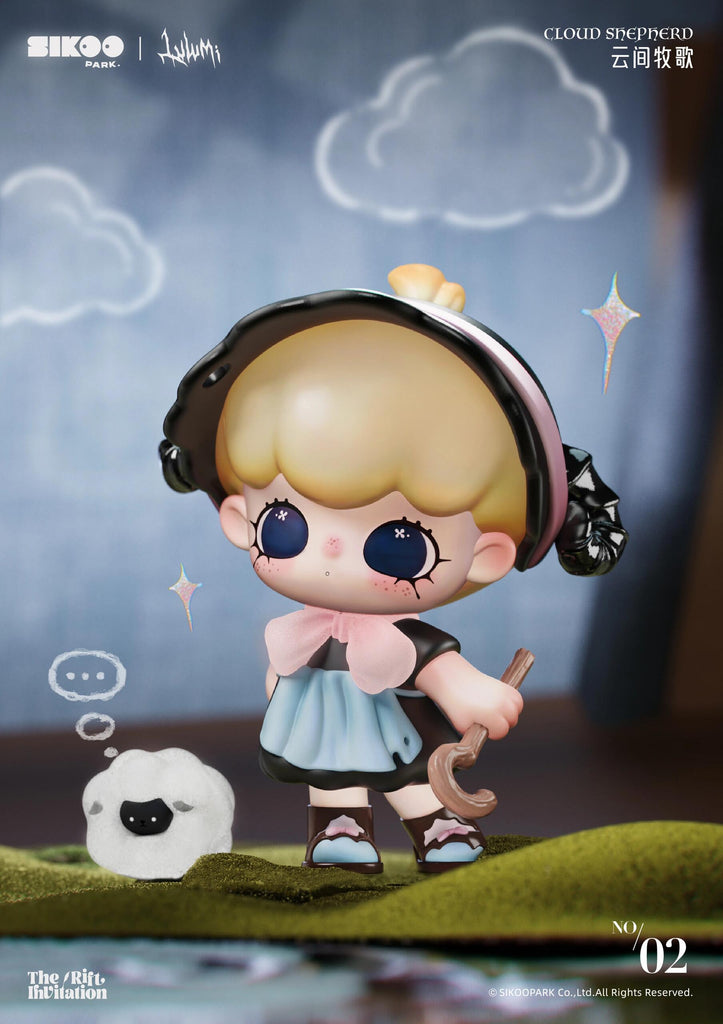 Cloud Shepherd from Lulumi’s The Rift Invitation Series depicts a soft, blonde-haired figure with starry blue eyes, freckles, and a gentle expression. Dressed in a black and blue dress with pink bow, she holds a shepherd’s crook and stands alongside a fluffy white sheep with a small black face. Pastel clouds and sparkles frame the background, giving the character an innocent fairytale vibe.