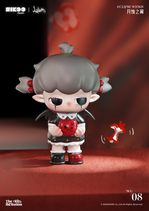 Eclipse Wings from Lulumi’s The Rift Invitation Series shows a gray-haired chibi elf with red berry hair ties and bat-like wings. She wears a gothic black-and-white dress with red shoes and holds a bitten apple scrawled with words, symbolizing temptation. One eye streams with tears, her expression melancholic under a dramatic red background, blending dark fantasy and tragedy.