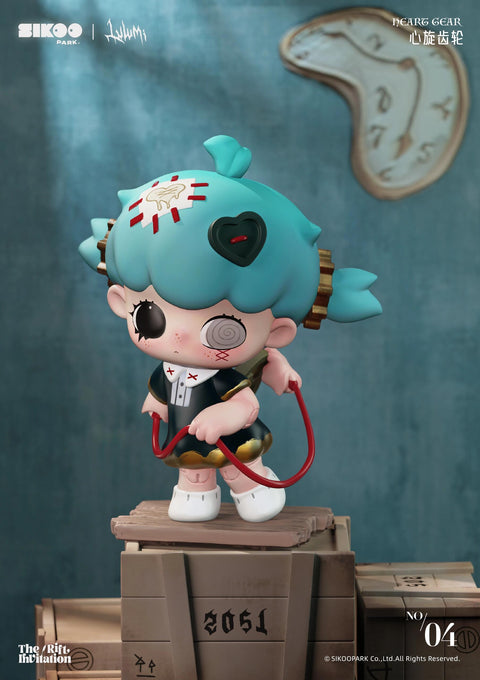 Heart Gear features a teal-haired chibi character with twin buns and mechanical details embedded in her hair. She wears a black gothic dress with golden trim, holding a slingshot with a somber face. One eye is hypnotically spiraled while a stitched heart-shaped patch marks her hair. Surreal melted clock imagery decorates the background, suggesting a warped time-travel fantasy.