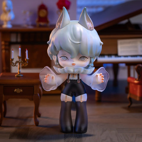 A 3D-rendered MISYA Incredible Mansion Series figure stands in a dimly lit, vintage-style room. The character has mint-green hair with pointed animal-like ears, pale eyes, and an enigmatic expression. Dressed in a gothic-inspired outfit with translucent ruffled sleeves, black suspenders, and thigh-high boots, they exude a hauntingly elegant presence. A grand piano, antique furniture, and candlelit ambiance enhance the mysterious, supernatural atmosphere of the scene.