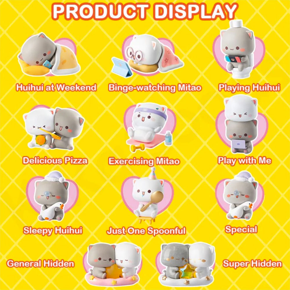 Full set display of Season 4 figures featuring cats Huihui and Mitao in playful scenes like exercising, pizza time, cozy weekends, and hidden star-hugging chasers.