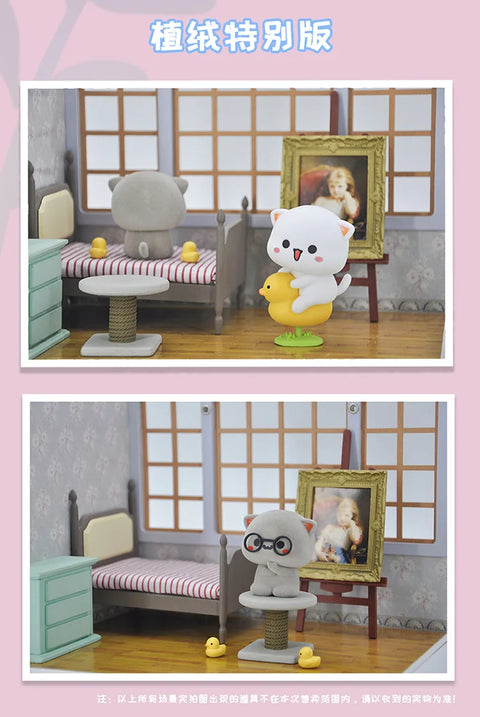 Highlights of the "Flocked Special Edition" figures, featuring a gray cat with glasses and a white cat riding a yellow duck with a fuzzy, textured finish.