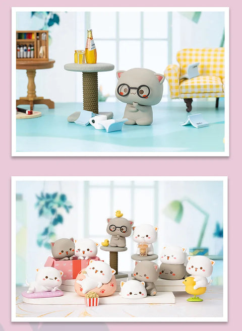 A split-view image showing a cat reading books near a scratching post and the full collection lineup.