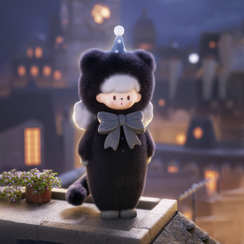 A soft figure dressed in a plush black cat suit stands beneath glowing city lights. The night’s quiet hum wraps around its silver bow and pointed star hat as moonlight glimmers on tiny angel wings. It captures a tender hush between dreams and starlit secrets.