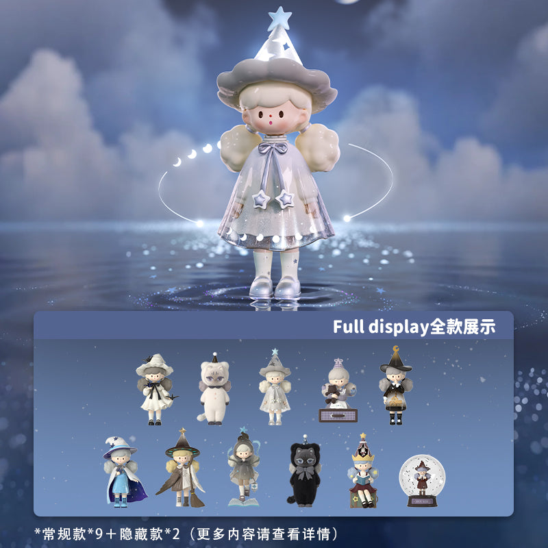 The full Molinta Chasing Light Series lineup is shown under a calm night sky. Each whimsical figure wears celestial hats and starlit outfits, radiating quiet joy and gentle fantasy. The display glows with dreamlike balance between imagination and moonlit serenity.