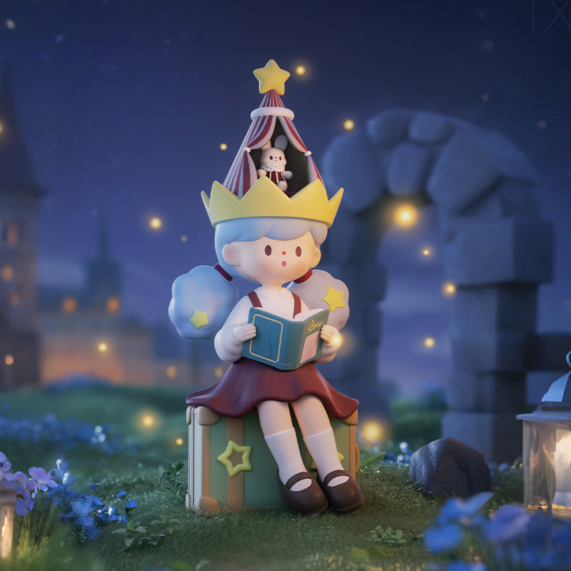 A small traveler in a pointed hood floats above an open book with glowing blue stars. Shelves and candles line the golden-lit study behind her, while ribbons of light twist around. It feels like a dreamer stepping from pages into their own story of wonder.