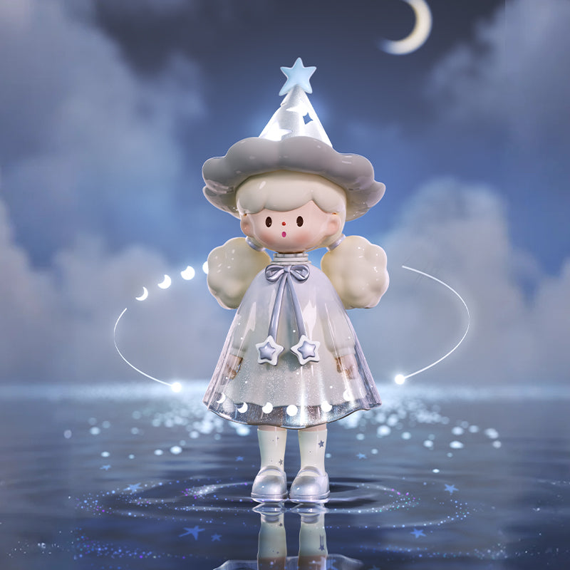 A luminous figure in a shimmering silver dress stands on water under a crescent moon. The star on her hat glows softly as celestial rings encircle her, merging sky and reflection into one moment of quiet awe — a tender portrait of night’s gentle radiance.