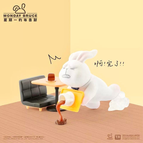 A frantic bunny in a tie spills a coffee cup while rushing past a café table. Its panicked expression and spilled drink create a funny, relatable “oh no!” moment in this series of pre-work mishaps.
