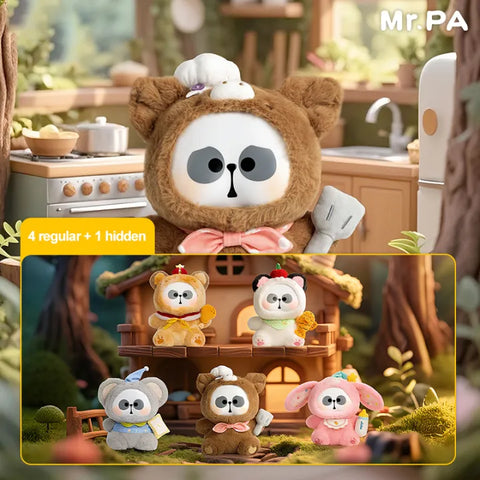 Full display of the Mr. PA Animal Party 400% Plush Blind Box series, showing all four main plush characters plus one hidden chase figure, set in cozy animal-themed diorama scenes.