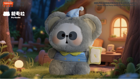 Mr. PA Animal Party 400% Plush Blind Box – Pa Koala, a gray plush with sleepy eyes, a blue pajama outfit, and pillow accessory, standing outside a cozy nighttime woodland home scene.