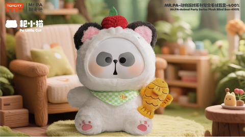 Mr. PA Animal Party 400% Plush Blind Box – Pa Little Cat, a white plush with black ears, red strawberry hat, and green checkered scarf, holding a fish plush in a cheerful indoor setting.