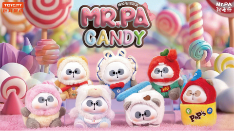 A promotional group shot of all plush figures from the Mr. PA Candy series arranged in a candy land setting. The background features oversized lollipops and sweets, highlighting the playful candy-inspired designs of the plush lineup.