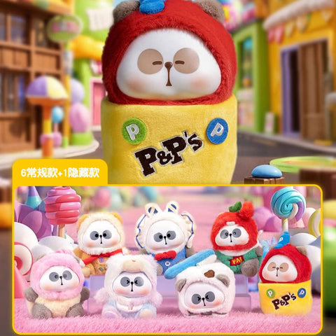 A full display of the Mr. PA Candy plush blind box collection, showing six regular versions and one hidden chaser. Each plush features Mr. PA in colorful candy-themed outfits, displayed together in a bright candy street setting.