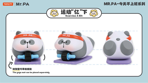 A panda figurine with a red “MR.PA” headband does ab roll exercises on a purple yoga mat. The detachable mat adds detail to the workout theme, capturing a humorous, lazy-but-determined fitness moment.