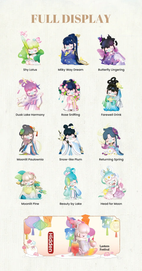 Illustrated full display of Nanci Poetic Beauty blind box series. Shows all figures including the secret.