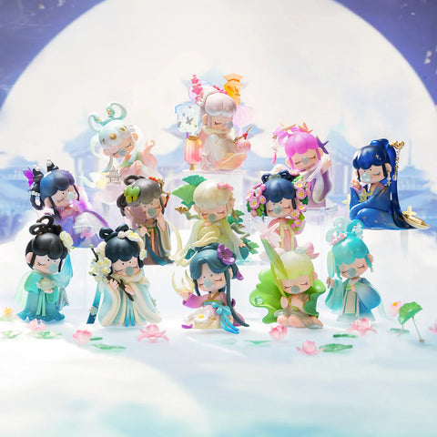 13 Nanci's in various poses in front of a full moon.