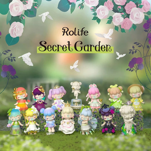 A whimsical collectible figurine set from the "Nanci Secret Garden" blind box series features twelve elegant characters inspired by nature, flowers, and fairytales. Each figure is intricately designed with delicate details, soft pastel colors, and floral motifs, evoking a magical garden atmosphere. The display includes a dreamy background with roses, doves, and lush greenery, enhancing the enchanting and serene aesthetic of this beautifully crafted collection.