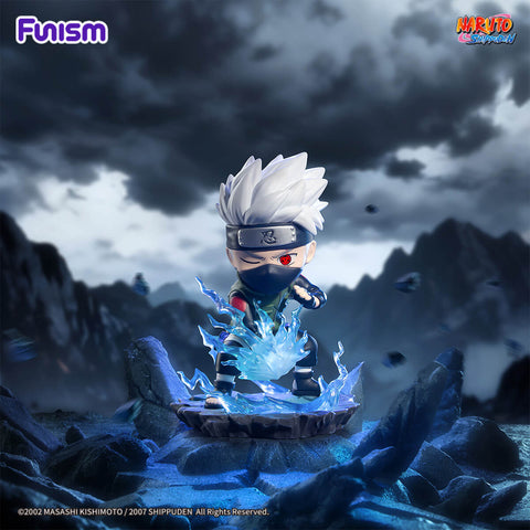 Kakashi Hatake with his Sharingan revealed, crouching with a powerful blue Chidori lightning effect.