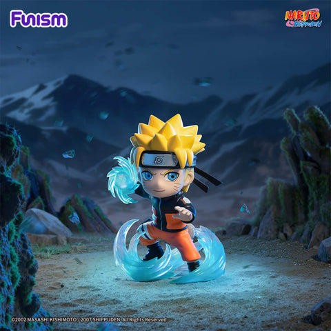 Naruto in an alternative pose wielding a Rasengan with translucent blue swirling chakra effects.