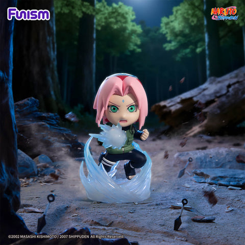 Sakura Haruno mid-strike with the Strength of a Hundred Seal active, surrounded by blue swirling water or chakra effects.