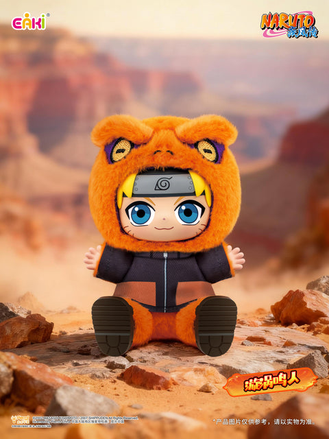 A high-fidelity plush of Naruto Uzumaki in a bright orange toad-themed outfit, featuring his signature blonde hair and forehead protector.