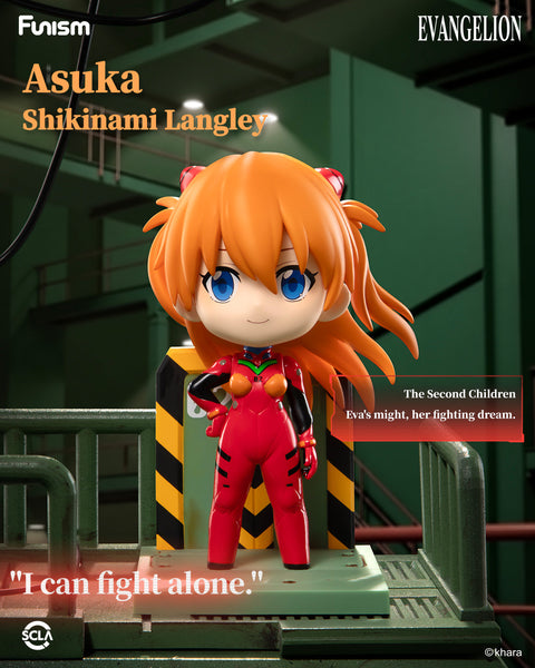 Chibi-style Asuka Shikinami Langley in bright red plugsuit, hands on hip, smiling confidently, standing on a mechanical green base with EVA styling.