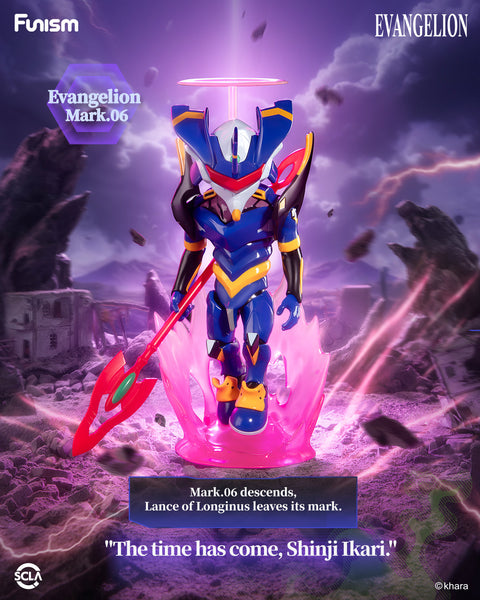Chibi Eva Mark-06 in dark blue armor with red spear and glowing halo, posed standing powerfully on a sci-fi base.