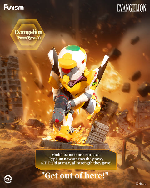 Mini chibi Eva Unit-00 in yellow and white armor, holding weapon, dynamic action stance, set against a battle base with rubble.