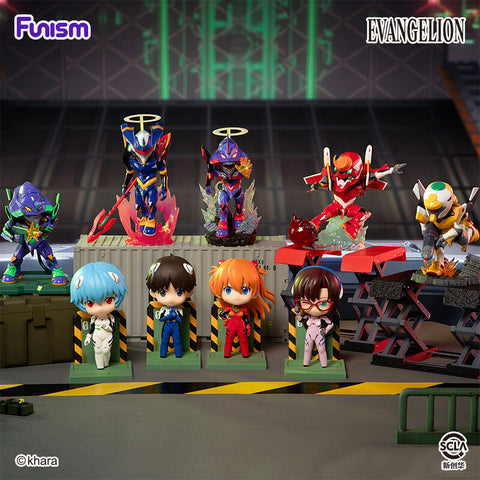 Alternate display arrangement of the Evangelion Blind Box Vol. 1 set with all pilots and Eva figures posed.