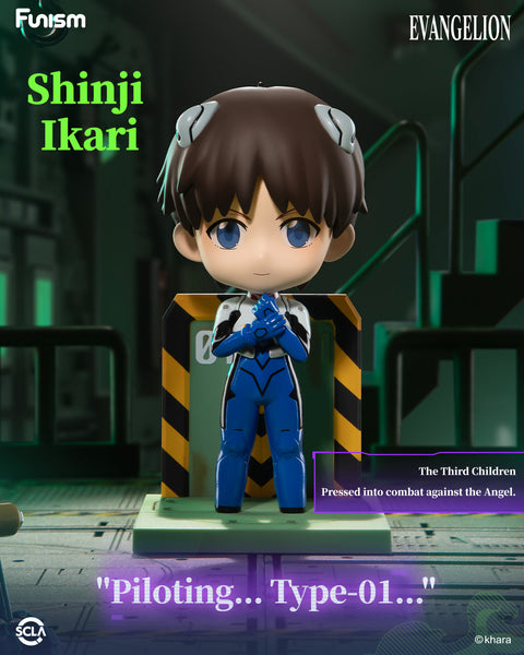 Chibi-style figure of Shinji Ikari in blue plugsuit, standing confidently with hands clasped in front of him on a mechanical base, with Eva Unit-01 theme.