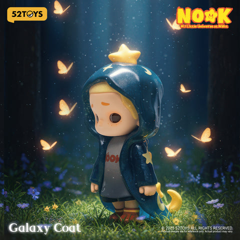 Nook standing in a moonlit garden wearing a long, dark blue galaxy-patterned hooded coat with a star on top.