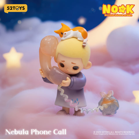 Nook wearing a purple gown with an orange cat asleep on his head, holding a large translucent glittery telephone receiver.