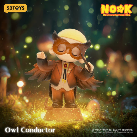 Featured as "Owl Conductor," Nook wears a brown feathered suit and an owl mask while holding a conductor's baton in a glowing forest.