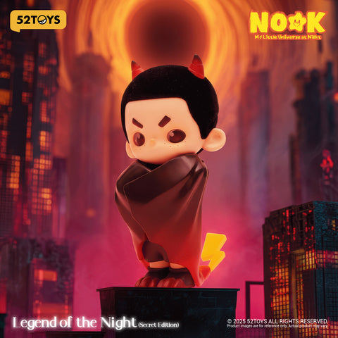 The rare secret chaser featuring Nook in a black bat-themed cape with red horns and a yellow lightning bolt tail.