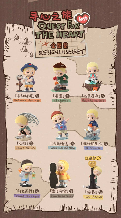 Poster for 52TOYS’ Nook “Quest for the Heart” blind box series featuring all 9 figures: 8 regular designs and 1 secret. Each character is a blond boy styled uniquely in scenes titled “Unknown Journey,” “Kindness,” “Heartful Nurture,” “Heart Mirror,” “Escape from the Maze,” “Hi Stranger,” “Toward the Light,” “Shadow Secrets,” and the secret “Hug.” The layout mimics a treasure map with playful illustrations.