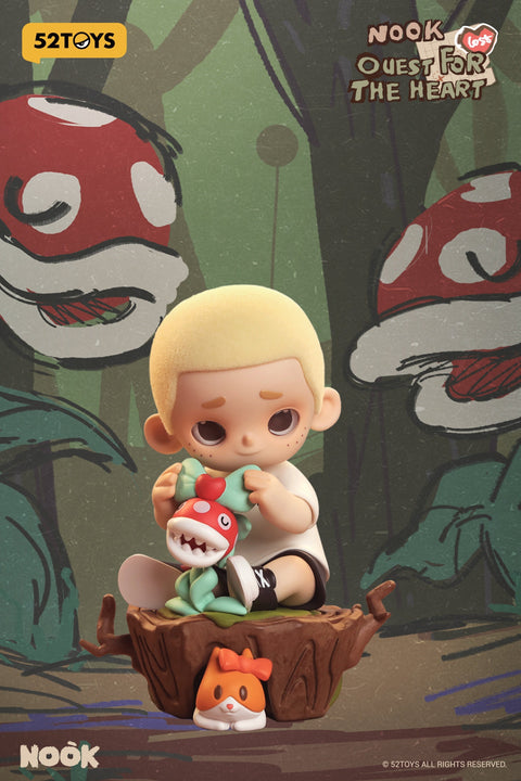 A figurine from the 52TOYS Nook “Quest for the Heart” blind box series shows a blond boy in a white shirt and black shorts sitting on a tree stump, gently holding a red and green cartoonish plant with a heart on its head and sharp teeth. A small orange pet with a bow peeks out from the hollow below, while the lush forest background features large, whimsical carnivorous plants.