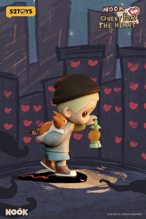 A character from the 52TOYS Nook “Quest for the Heart” blind box series walks cautiously through a dark, heart-filled cityscape. The blond figure wears a brown beanie, gray sweater, and blue shorts, carrying a cat on his back while holding a small orange lantern that casts a warm glow. Shadows and swirling silhouettes surround his path.