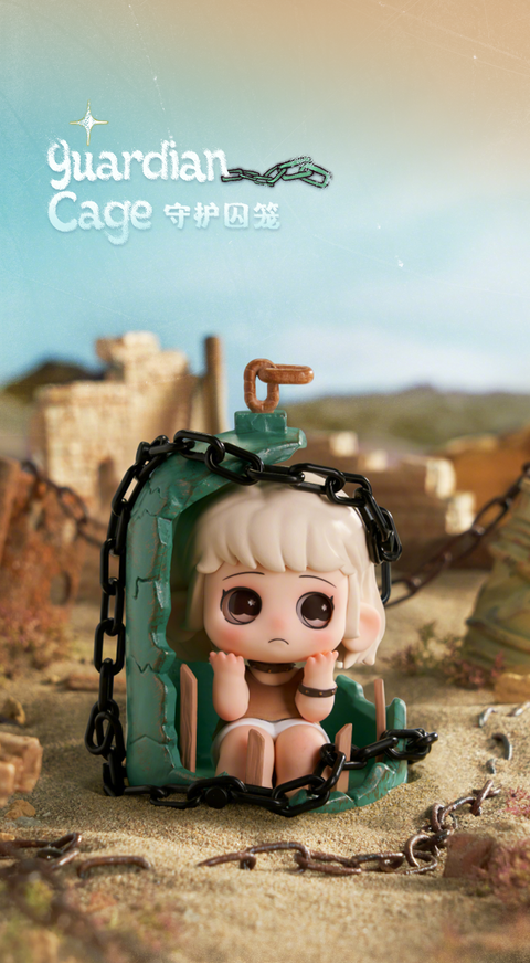 The OONA figurine sits inside a broken green cage wrapped in heavy black chains. Placed on desert ground with ruins in the distance, the small figure looks upward with wide, uncertain eyes, evoking both innocence and captivity.