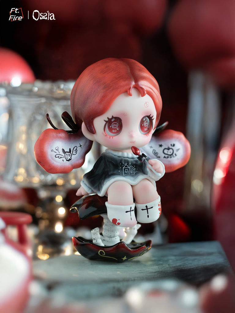A chibi figure with orange hair tied by black ribbons holds a pumpkin lantern and sits beside a tiny black cat. The figure wears white clothing with “Meow” text, surrounded by dark glittering fabric and warm orange highlights reminiscent of Halloween.